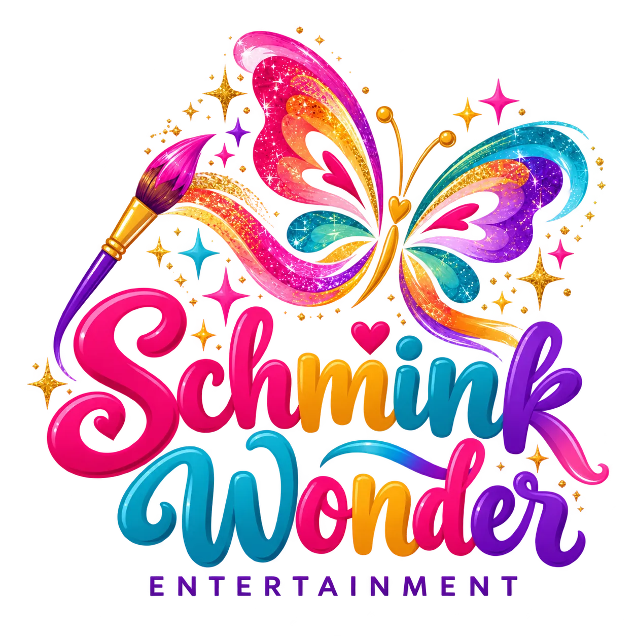 Logo Schmink Wonder Entertainment met vlinder en penseel